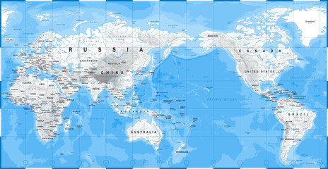 World Map Physical White - Asia in Center - China, Korea, Japan © Porcupen