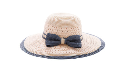 Pretty straw hat with blue ribbon isolated on white background, Brown straw hat on white.