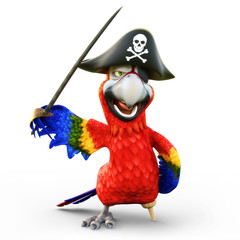 Obraz premium Pirat papuga z nogą kołka, pozuje z kapeluszem, naszywką i mieczem na na białym tle. Renderowanie 3d