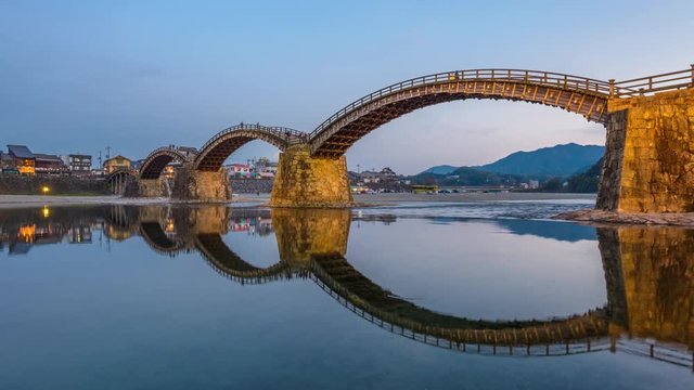 Iwakuni, Yamaguchi, Japan at Kintaikyo Bridge over the Nishiki River.