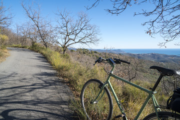 Fototapeta na wymiar Cycle tourism in Italy: a green bicycle on a country road with a seascape in the background.
