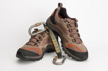 Outdoors shoes for man for hiking, climbing and quickdraw with two carabiners