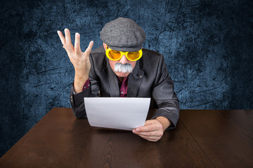 Senior sitzt am Tisch studiert Rechnung und f&uuml;hlt sich betrogen