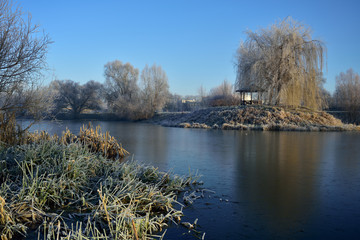 Szczecin - the Sunny lake on a frosty morning.