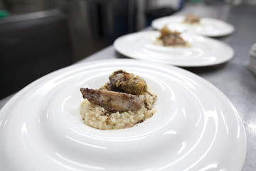 Pigeon with black pepper on white plate in the restaurant kitchen for dinner. Main course
