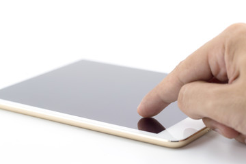 close view of hand on contemporary tablet