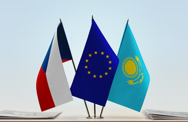 Flags of Czech Republic  European Union and Kazakhstan