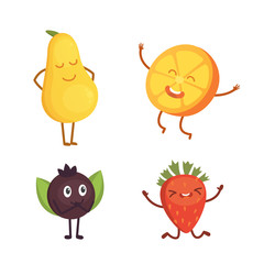 Set of cute cartoon fruit. Vector illustration with funny characters. Funny fresh food time.