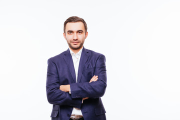 Half-length portrait of business man with crossed hands, isolated on white background. Concept of leadership and success