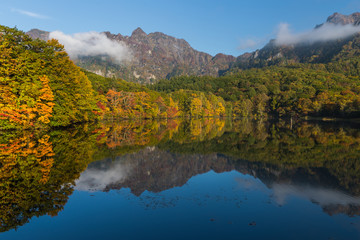 Fototapeta na wymiar Kagami pond at Nagano prefecture in autumn