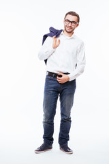 Full length portrait of confident bearded man holding his black jacket isolated over white background