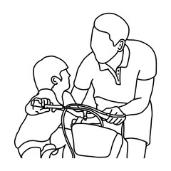 child learning to ride a bike with his father vector illustration outline sketch hand drawn with black lines isolated on white background