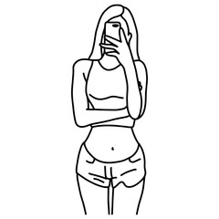 standing sexy woman using smartphone vector illustration outline sketch hand drawn with black lines isolated on white background