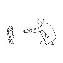 father trying to make his daughter walking by herself vector illustration outline sketch hand drawn with black lines isolated on white background. Family concept.