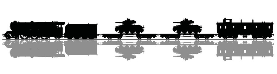 The black silhouette of a vintage military steam train