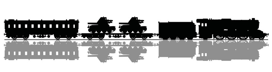 Naklejka premium The black silhouette of a vintage military steam train