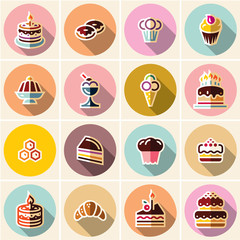 Cakes and dessert icons set. Cakes colorful flat design icons set. Dessert flat icons. Confectionery.