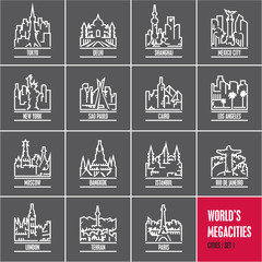city icons, cityscape, city skyline, city silhouette, cities vector icons set, megacities,