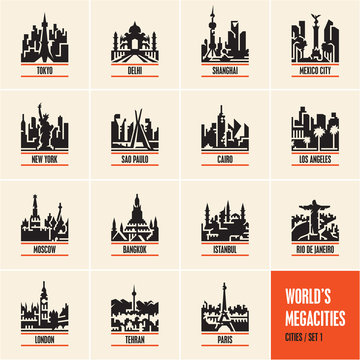 city icons, cityscape, city skyline, city silhouette, cities vector icons set, megacities,