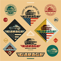 Obraz premium Classic American muscle cars garage vintage style labels and badges, muscle car icon, car restoration, retro style labels