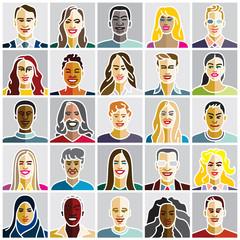 People icons, group of different people, faces