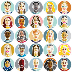 People icons, group of different people, faces