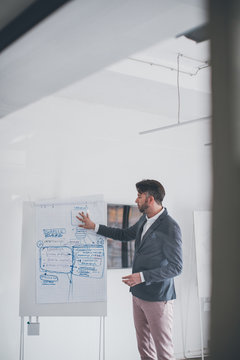 Businessman writing and explaining business strategy in office meeting