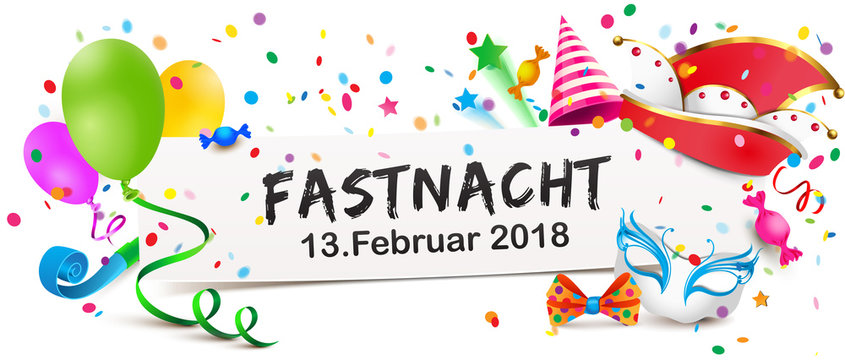 Banner mit bunten Faschingsmotiven, Konfetti, Narren Mütze und Luftballons - Fastnacht 2018