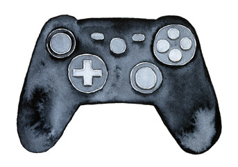 Game controller, wireless joystick, tech device illustration. Black colour, single object, directly top view. Hand drawn water color illustration, isolated, white background. Gift idea for boyfriend. © Julija