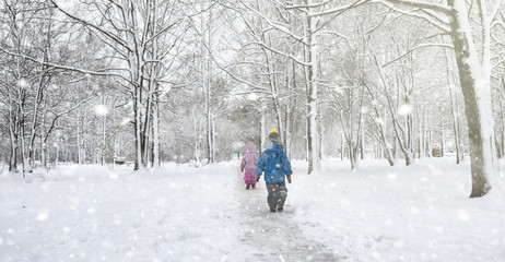 Fototapeta na wymiar Winter park under the snow. A snowstorm in the city park. Park f