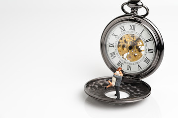 Forever love timeless concept by miniature people couple standing on vintage pocket watch, seamless...