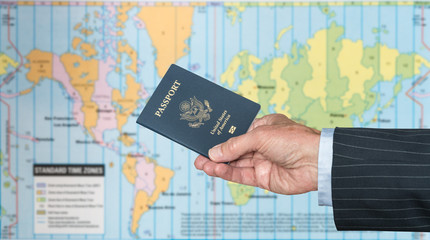 Fototapeta na wymiar USA Citizen with passport and world map of timezones
