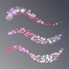 Pink hearts bokeh light Valentine's day wavy design elements eps 10. Tender transparent wave set with gradually changing color hearts. Romantic colorful backgrounds.