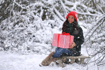 A winter fairy tale, a young mother and her daughter ride a sled