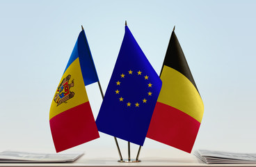 Flags of Moldova European Union and Belgium