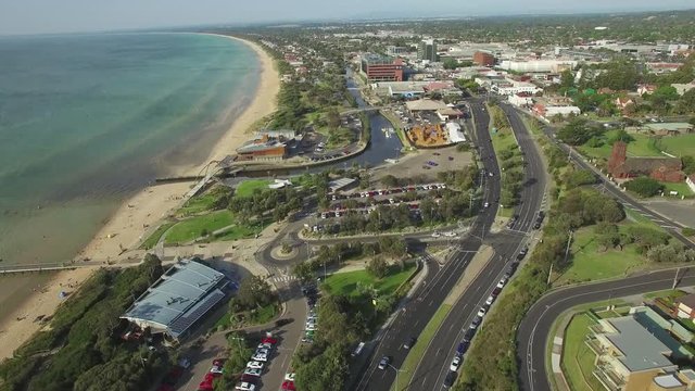 Forward flight towards Kananook creek near Port Phillip bay coastline in Frankston, Australia