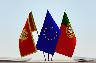 Flags of Montenegro European Union and Portugal