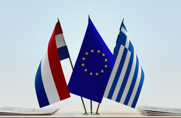 Flags of Netherlands European Union and Greece