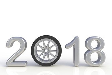 New year 2018 with car's wheel, White year number isolated on white background, 3D rendering