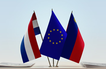 Flags of Netherlands European Union and Liechtenstein