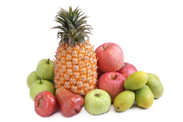 Many of the  fruits on white background(pineapple.mango.bell fruit.apple.guava)
