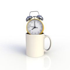 Alarm clock with white coffee cup isolated on white background. Mock up Template for application design. Exhibition equipment. Set template for the placement of the logo. 3D rendering.