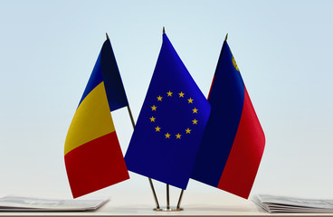Flags of Romania European Union and Liechtenstein