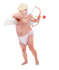 Funny angel focus arrow, isolated on white background. Fat adult angel aiming arrow. Threaten of...