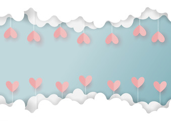 Paper art style of valentine's day greeting card and love concept.Origami hearts hanging from clouds on blue sky background.Vector illustration.
