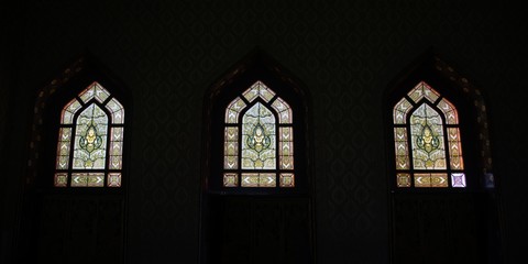 Panorama Thai art on window of Church at Wat Benchamabophit, the Marble temple Bangkok.