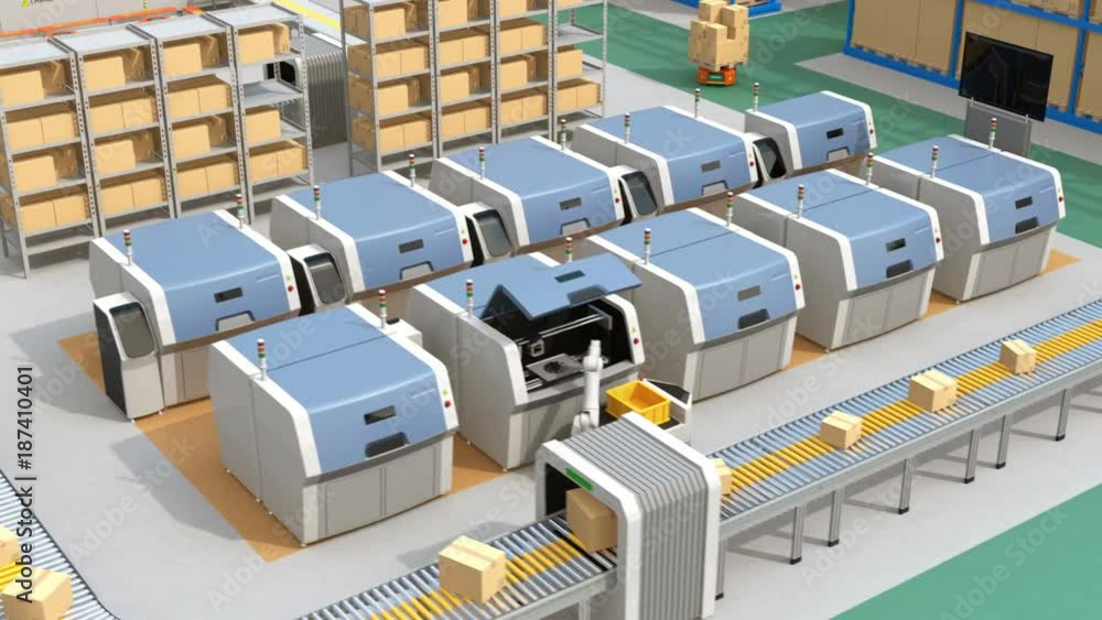 Aufkleber agv (automatic guided vehicle) picking parts from metal 3d printer. smart factory concept 3d renderi