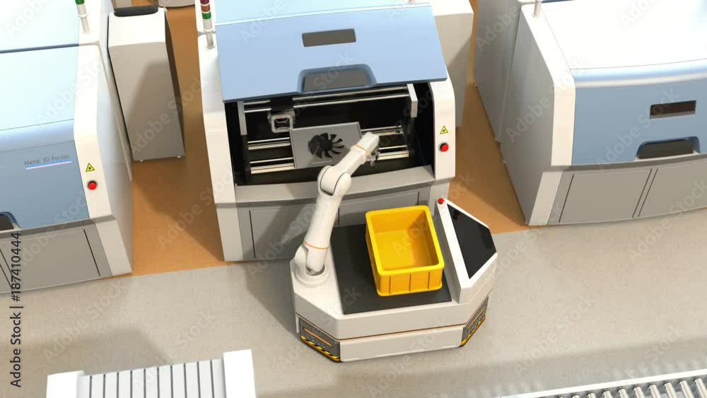 Poster agv (automatic guided vehicle) picking parts from metal 3d printer. smart factory concept 3d renderi