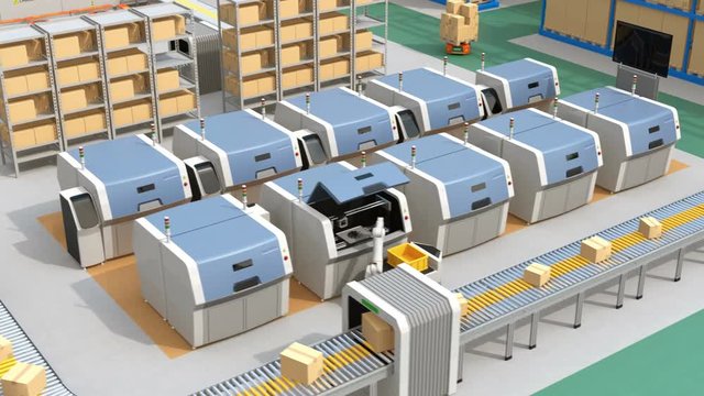 AGV (Automatic guided vehicle) picking parts from metal 3D printer. Smart factory concept  3D rendering animation.