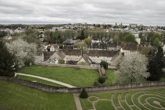 looking out over Chartres from above the labyrinth in bishops palace garden